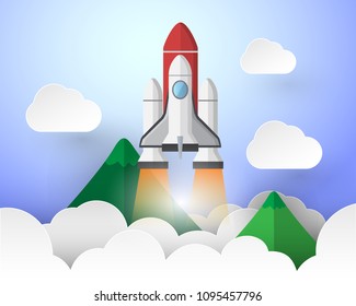 Design space shuttle launch to the sky, start up business concept and exploration idea, vector illustration