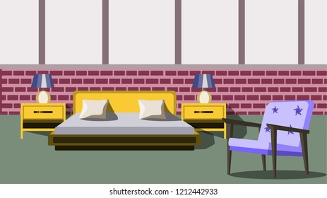 Design of a spacious bedroom with a bed, lamps, armchair and bedside tables. Vector illustration of flat style.