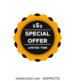 Design of special offer label tag with dollars icon. Black and orange circle illustration for social media sale promotion.