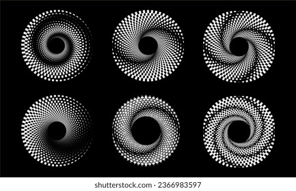 Design spiral dots backdrop. Abstract monochrome background. Vector-art illustration. No gradient, Trendy design element for frame, round logo, sign, symbol, web, prints, posters, template, pattern