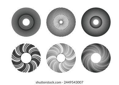 Design spiral dots backdrop. Abstract monochrome background. Vector-art illustration. No gradient, Trendy design element for frame, round logo, sign, symbol, web, prints, posters, template, pattern