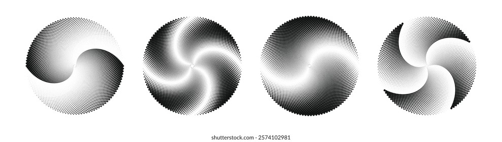 Design spiral dots backdrop. Abstract monochrome background. Vector-art illustration. No gradient, Trendy design element for frame, round logo, sign, symbol, web, prints, posters, template, pattern.