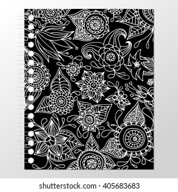 Design of spiral ornamental floral notebook cover. Ethnic pattern. Anniversary, birthday , Valentin's day, party card. Hand-drawn retro, doodle, vector, zentangle, tribal element.