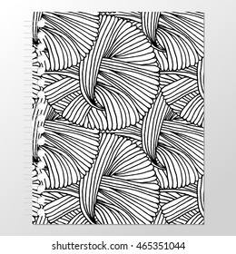 Design of spiral ornamental notebook cover. Cover for notebook with balls of wool. Black and white line art. Vintage style design.