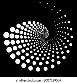 Design spiral white dots backdrop. Abstract monochrome background. Vector-art illustration. 