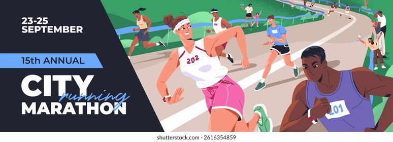 Design of sports event banner with city marathon. Advertising template with running athletes. Promotion of jogging race in urban park. Runners, joggers are in competition. Flat vector illustration