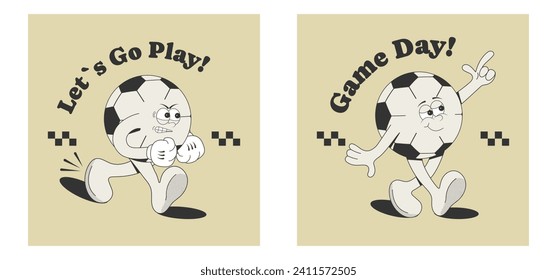 Design of a sports print, poster, sticker with a cartoon soccer ball in different poses and motivational quotes. Vector illustration of groovy football mascot in vintage 60s-70s style