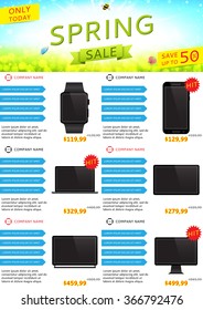 Design of the spring sale flyer with butterflies and bumblebee. Vector illustration. Spring sale magazine template.