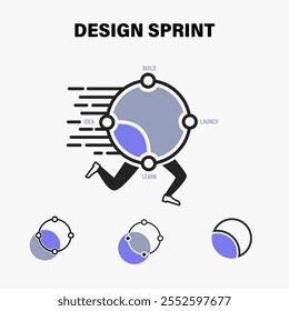 Design sprint icon with legs running fast. Creative design showing the fast development and results of the tests by doing design sprints. Can be used by management team for presentations. 