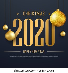 Design of a square black vector banner of Happy New Year and Christmas 2020 with golden numbers and balls with texture. Template for social copper and email newsletters