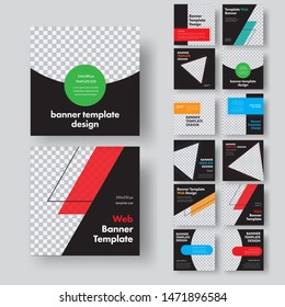 Design of square black web banners with place for photo and different geometric color elements. Standard size template for business and advertising. Vector illustration