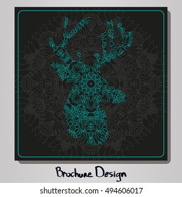 Design square brochure with graphically depicting a deer. Background of the ornament. The theme of winter. Vector. It can be used in the package design, brochures, logos, etc.