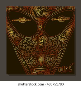 Design square card with abstract image of an alien. Vector. Handmade. The inscription "alien". It can be used in the design of packaging, brochures, logos, etc.
