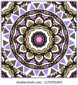 Design for square fashion print. For pocket, shawl, textile, bandanna. Mandala floral pattern. Vector illustration.