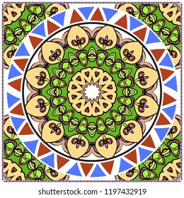 Design for square fashion print. For pocket, shawl, textile, bandanna. Mandala floral pattern. Vector illustration.