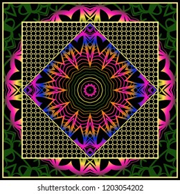 Design for square fashion print. For pocket, shawl, textile, bandanna. Geometric floral pattern. Vector illustration