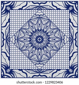 Design for square fashion print. For pocket, shawl, textile, bandanna. Geometric floral pattern. Vector illustration