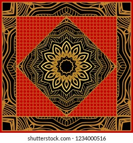 Design for square fashion print. For pocket, shawl, textile, bandanna. Geometric floral pattern. Vector illustration