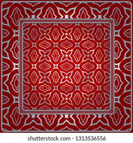 Design For Square Fashion Print. For Pocket, Shawl, Textile, Bandanna. Geometric Pattern. Vector Illustration. Red silver color.