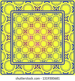 Design For Square Fashion Print. For Pocket, Shawl, Textile, Bandanna. Geometric Floral Pattern. Vector Illustration. Yellow blue color.