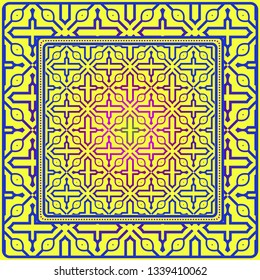 Design For Square Fashion Print. For Pocket, Shawl, Textile, Bandanna. Geometric Floral Pattern. Vector Illustration. Yellow blue color.