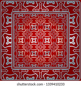 Design For Square Fashion Print. For Pocket, Shawl, Textile, Bandanna. Geometric Pattern. Vector Illustration. Red silver color.
