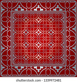 Design For Square Fashion Print. For Pocket, Shawl, Textile, Bandanna. Geometric Pattern. Vector Illustration. Red silver color.