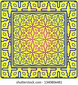 Design For Square Fashion Print. For Pocket, Shawl, Textile, Bandanna. Geometric Floral Pattern. Vector Illustration. Yellow blue color.