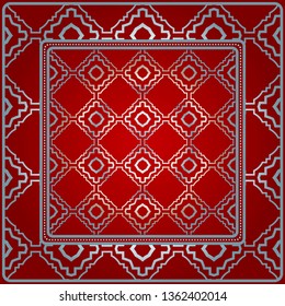 Design For Square Fashion Print. For Pocket, Shawl, Textile, Bandanna. Geometric Pattern. Vector Illustration. Red silver color.
