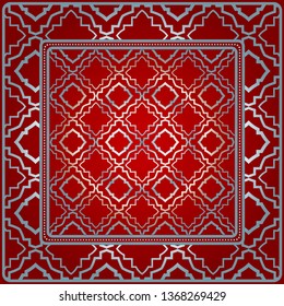 Design For Square Fashion Print. For Pocket, Shawl, Textile, Bandanna. Geometric Pattern. Vector Illustration. Red silver color.
