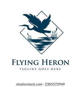 Design Square Flying Stork Heron Silhouette Bird with Grass River Creek Lake Swamp emblem Design Vector vintage.