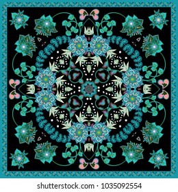 Design for square pocket, shawl, scarf, textile. Paisley floral pattern. Blue on black