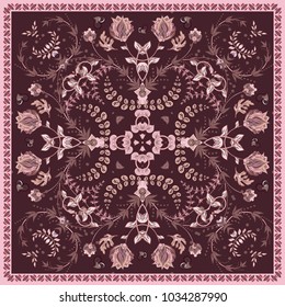 Design for square pocket, shawl, textile. Paisley floral pattern