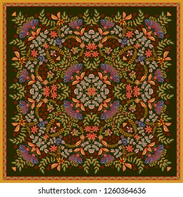 Design for square pocket, shawl, textile. Hand draw fantasy floral pattern. Vector template