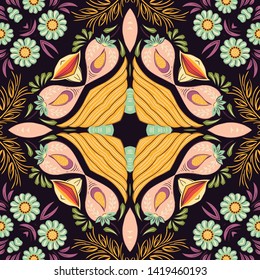 Design for square pocket, shawl, textile, scarf, pillow. Colorful hand drawing floral pattern.