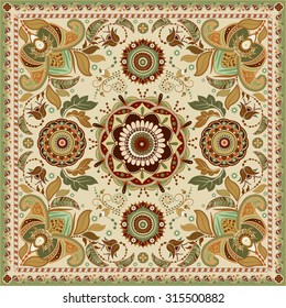 Design for square pocket, shawl, textile. Paisley floral pattern