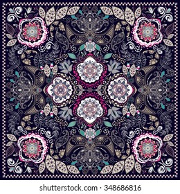 Design for square pocket, shawl, textile. Paisley floral pattern