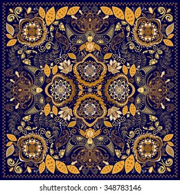 Design for square pocket, shawl, textile. Paisley floral pattern