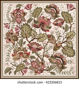 Design for square pocket, shawl, textile. Colorful floral pattern