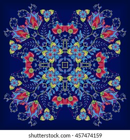 Design for square pocket, shawl, textile, pillow. Vector floral pattern. Bright colorful ornament on blue background. Batik