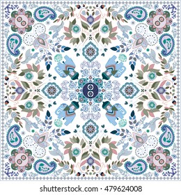 Design for square pocket, shawl, textile. Paisley floral pattern