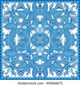 Design for square pocket, shawl, textile. Raspberry floral pattern. Vector illustration. Blue