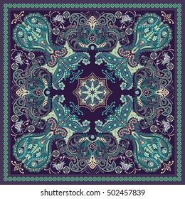 Design for square pocket, shawl, textile. Paisley floral pattern