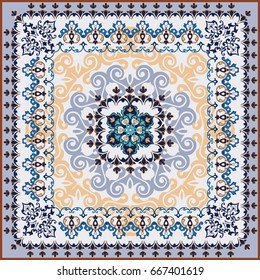 Design for square pocket, shawl, textile. Oriental ornament in a square.