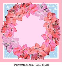 Design for square pocket, shawl, textile. Colorful floral pattern