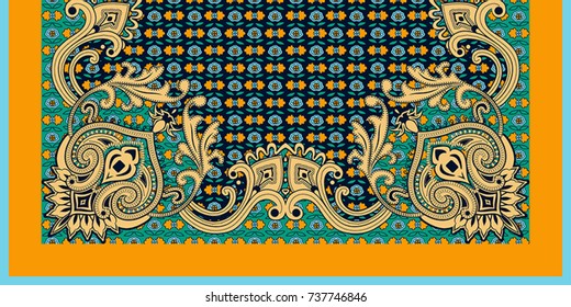 Design for square pocket, shawl, textile. Paisley floral pattern