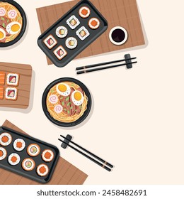 Design a square post, background with Japanese food, rolls, ramen soup for social media. Menu, food concept. Banner, advertising. Vector