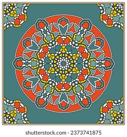 Design of a square scarf, tablecloth, napkin. Round multi-colored pattern. Vector illustration