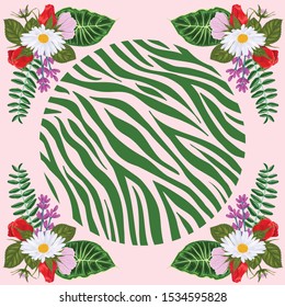 Design for a square shawl or headscarf. Zebra print with flowers on pink background. Bandana print or fabric neck scarf.