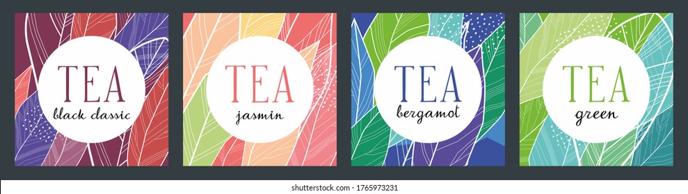 Design of square tea packaging. Different varieties of tea in the set